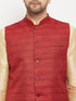 Vastramay Men's Maroon Matka Silk Nehru Jacket With Gold Silk Blend Kurta and Pant style Pyjama Set